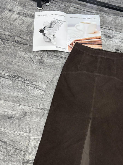 Brown Suede Midi Skirt Women Sheepskin Over-the-Knee Skirt