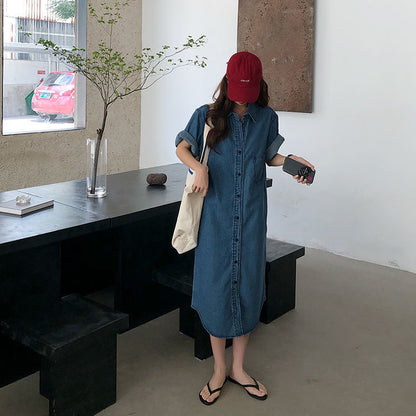 Short Sleeve Denim Shirt Dress for Women Loose Jean