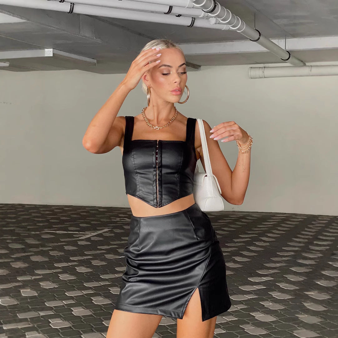 High Waist Black PU Leather Mini Skirt with Side Slit