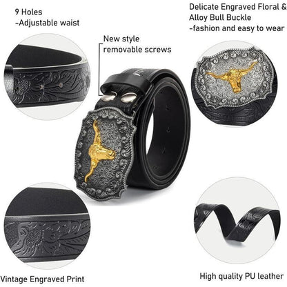 Western Longhorn Cowboy Leather Belt