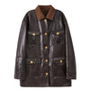 Reversible Waxed Leather Jacket Oversized Coat with Corduroy