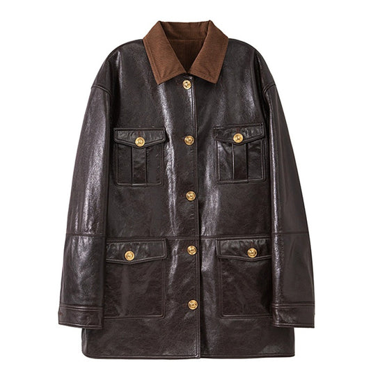 Reversible Waxed Leather Jacket Oversized Coat with Corduroy