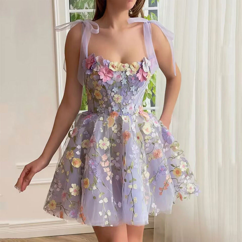 Women's mini sundresses with 3d floral embroidery