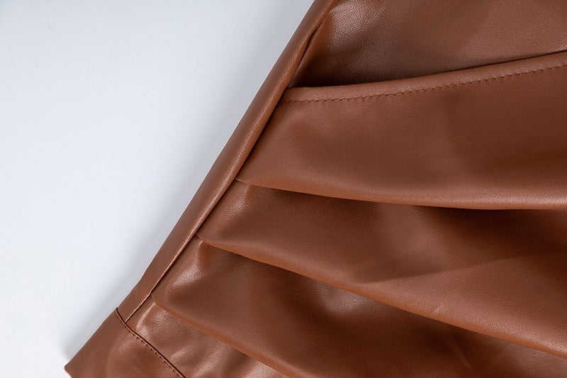 High Waisted PU Leather Wrap Skirt with Slit