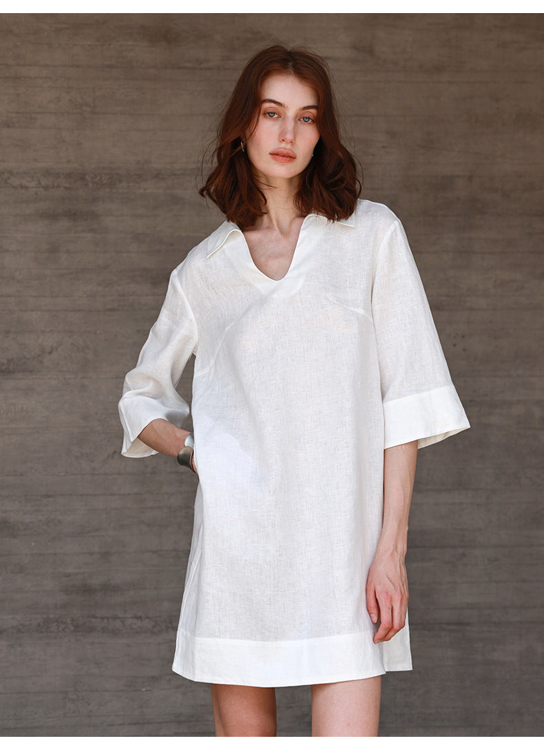 White linen shirt dress v neck half sleeve summer casual
