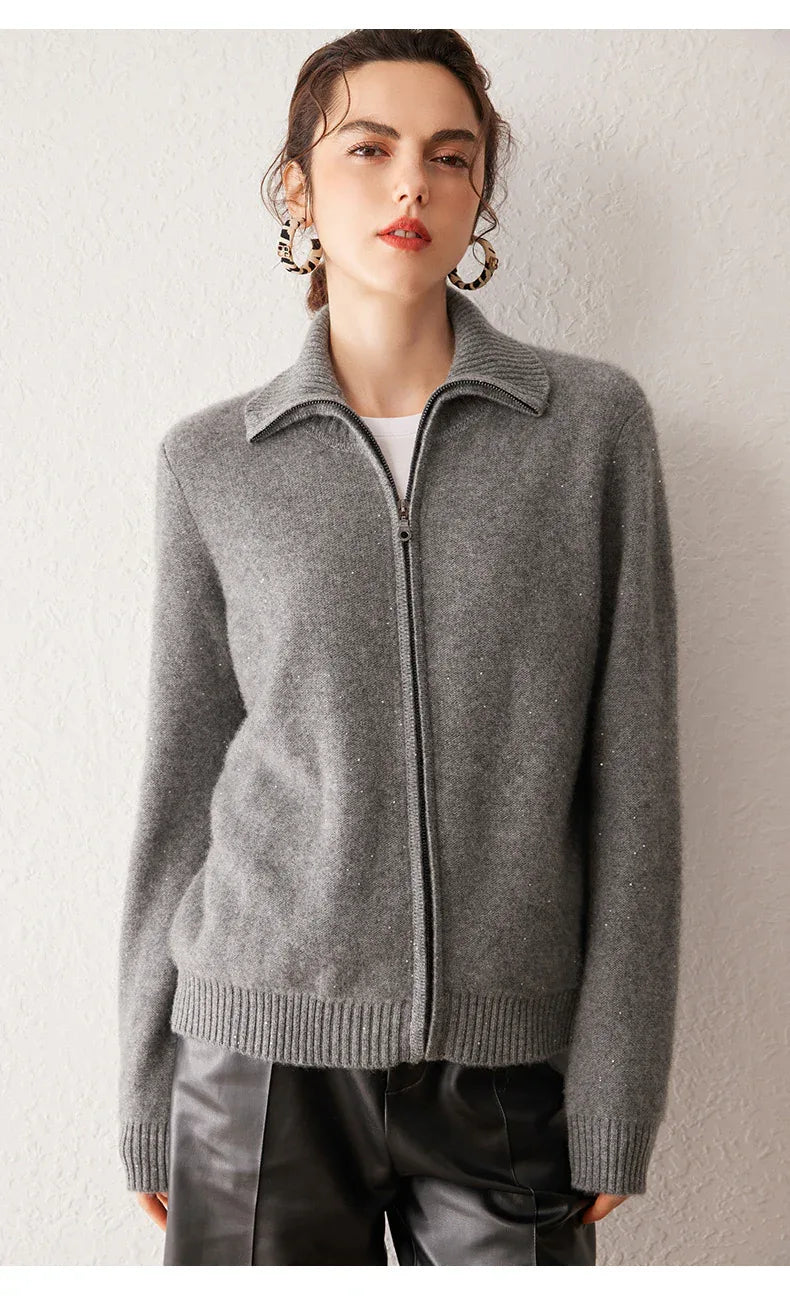 Women’s 100% Pure Cashmere Lapel Zip Cardigan