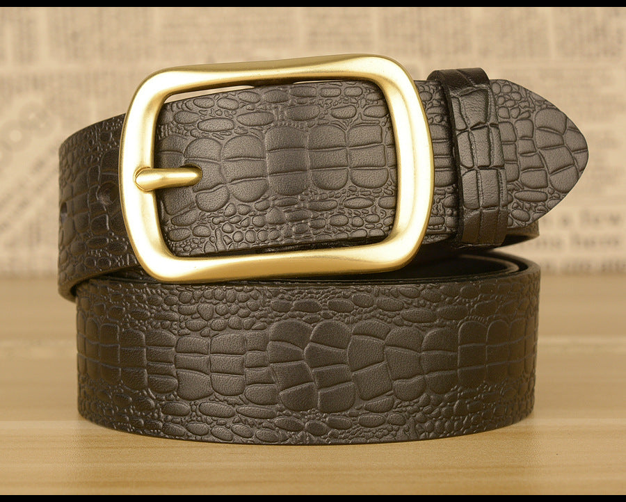 Men Leather Belt with Copper Buckle Crocodile Pattern
