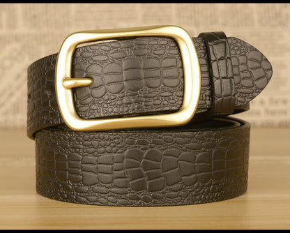 Men Leather Belt with Copper Buckle Crocodile Pattern