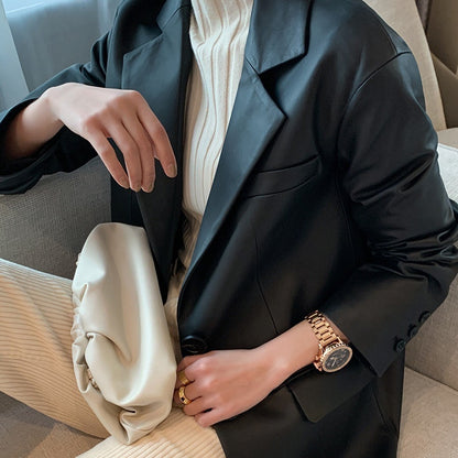 Black genuine leather women blazer jacket