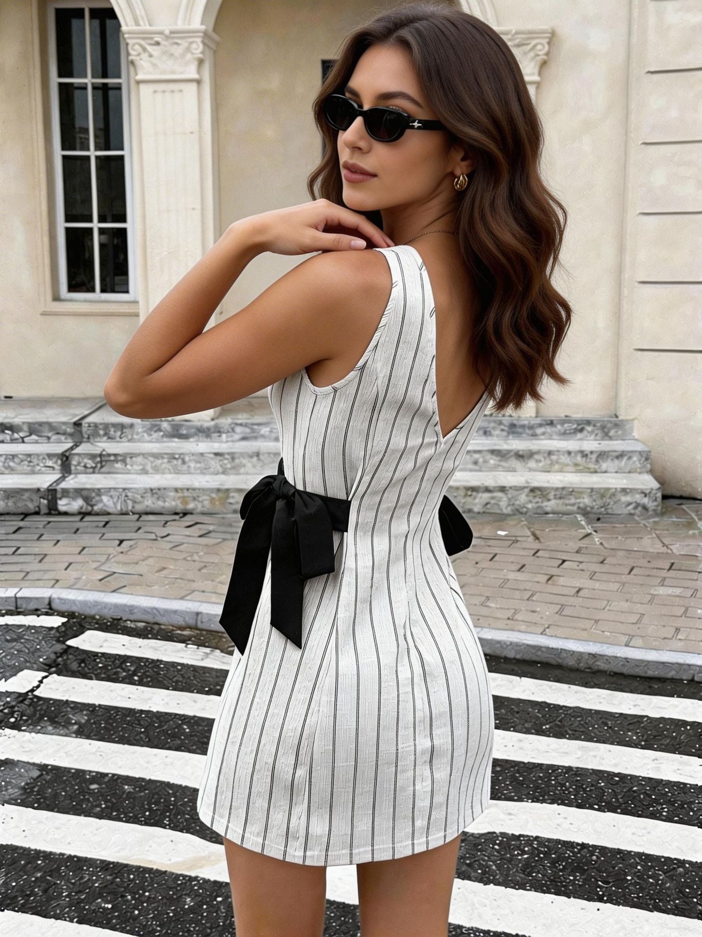 Women summer mini dress sleeveless striped bow tie