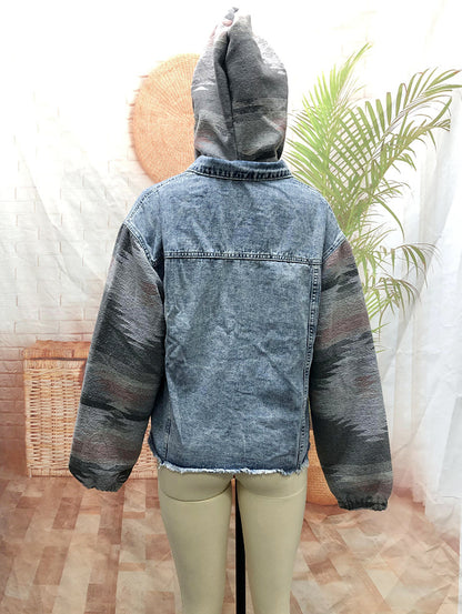 Oversized Hooded Patchwork Jean Jacket Western Aztec