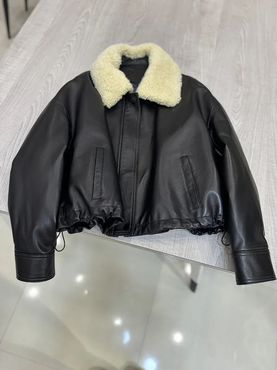 Leather bomber jacket for women with wool fur collar Black S
