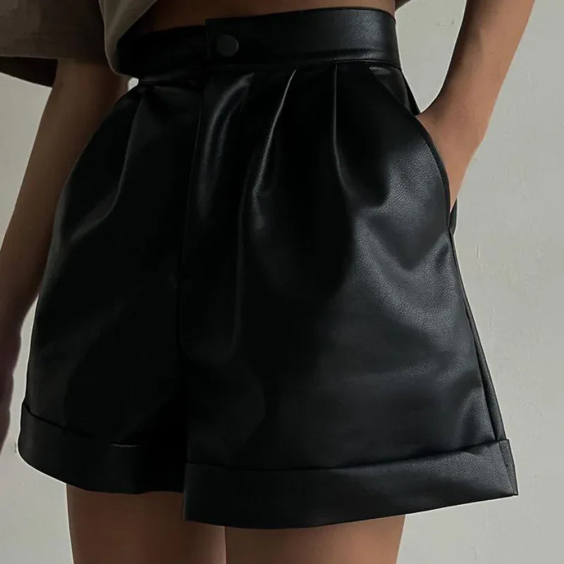 High waist pu leather a line shorts