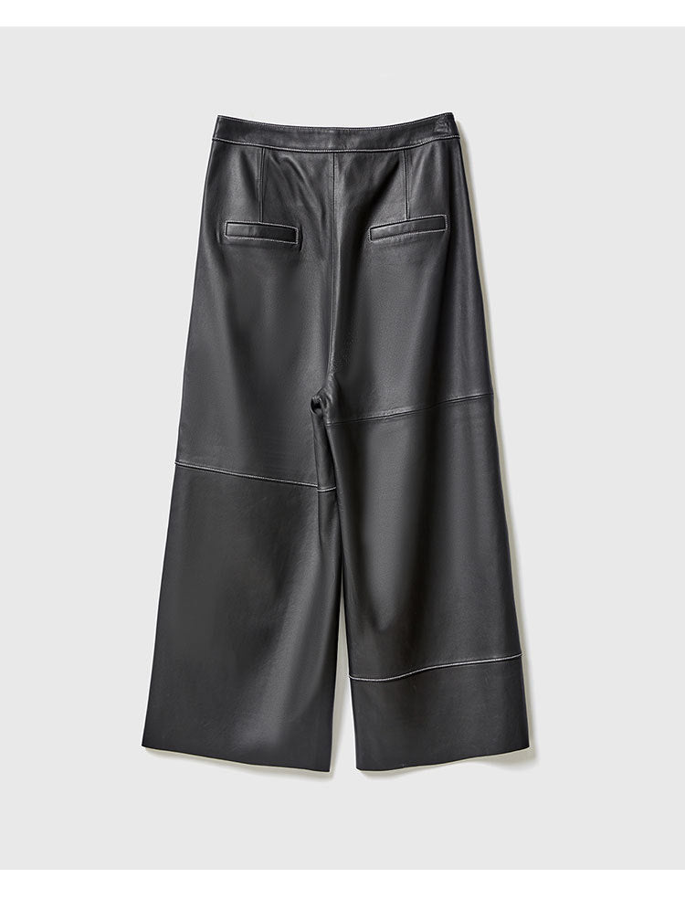 Irregular Cut Leather Wide Leg Pants for Women Cropped Straight Fit