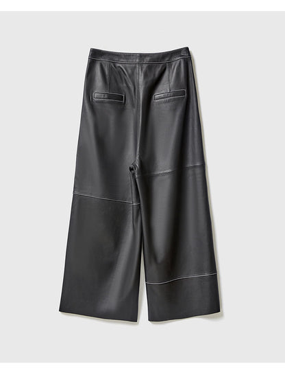 Irregular Cut Leather Wide Leg Pants for Women Cropped Straight Fit