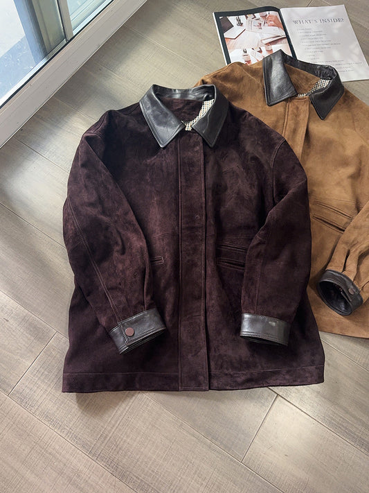 Women’s Goatskin Suede Shirt Jacket with Leather Collar