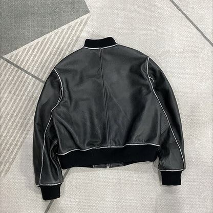 Women Leather Bomber Jacket Black Slim Fit Moto Coat