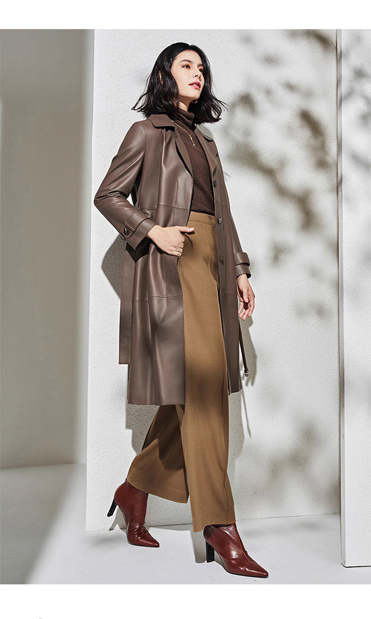 Women Brown Sheepskin Leather Trench Coat with Tie Waist
