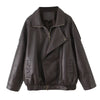 Oversized Brown PU Leather Biker Jacket Double Collar Motorcycle