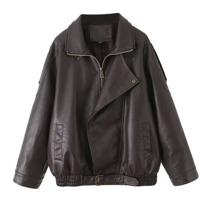 Oversized Brown PU Leather Biker Jacket Double Collar Motorcycle