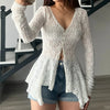 brown lace irregular hem button top cardigan