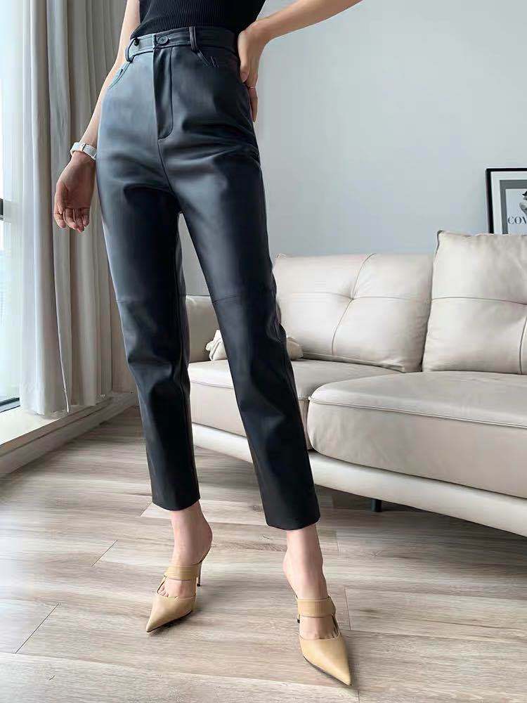 Women High Waisted Genuine Leather Carrot Pants