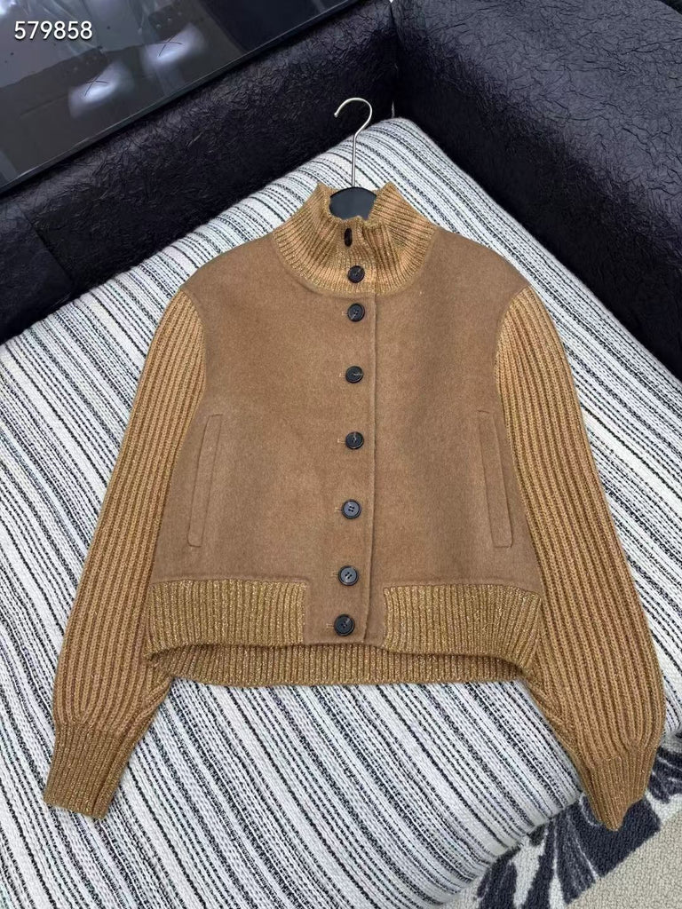 Women’s Wool Knit Patchwork Jacket with Ribbed Sleeves