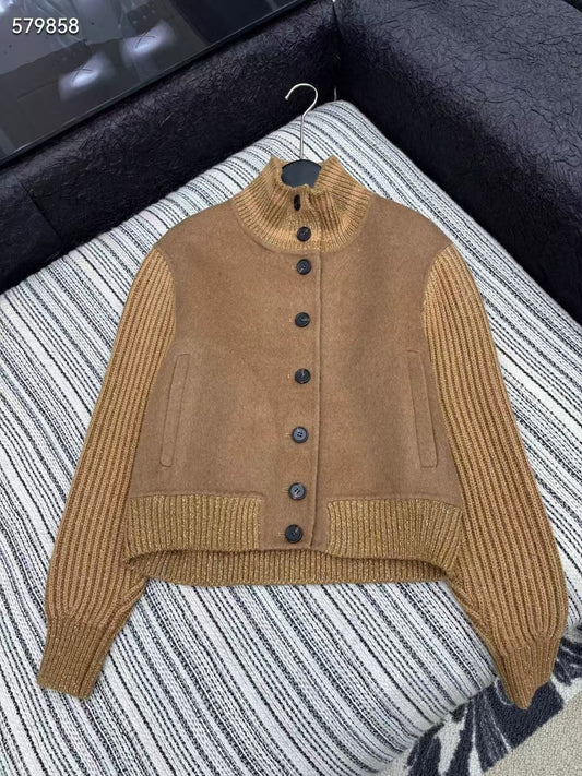 Women’s Wool Knit Patchwork Jacket with Ribbed Sleeves