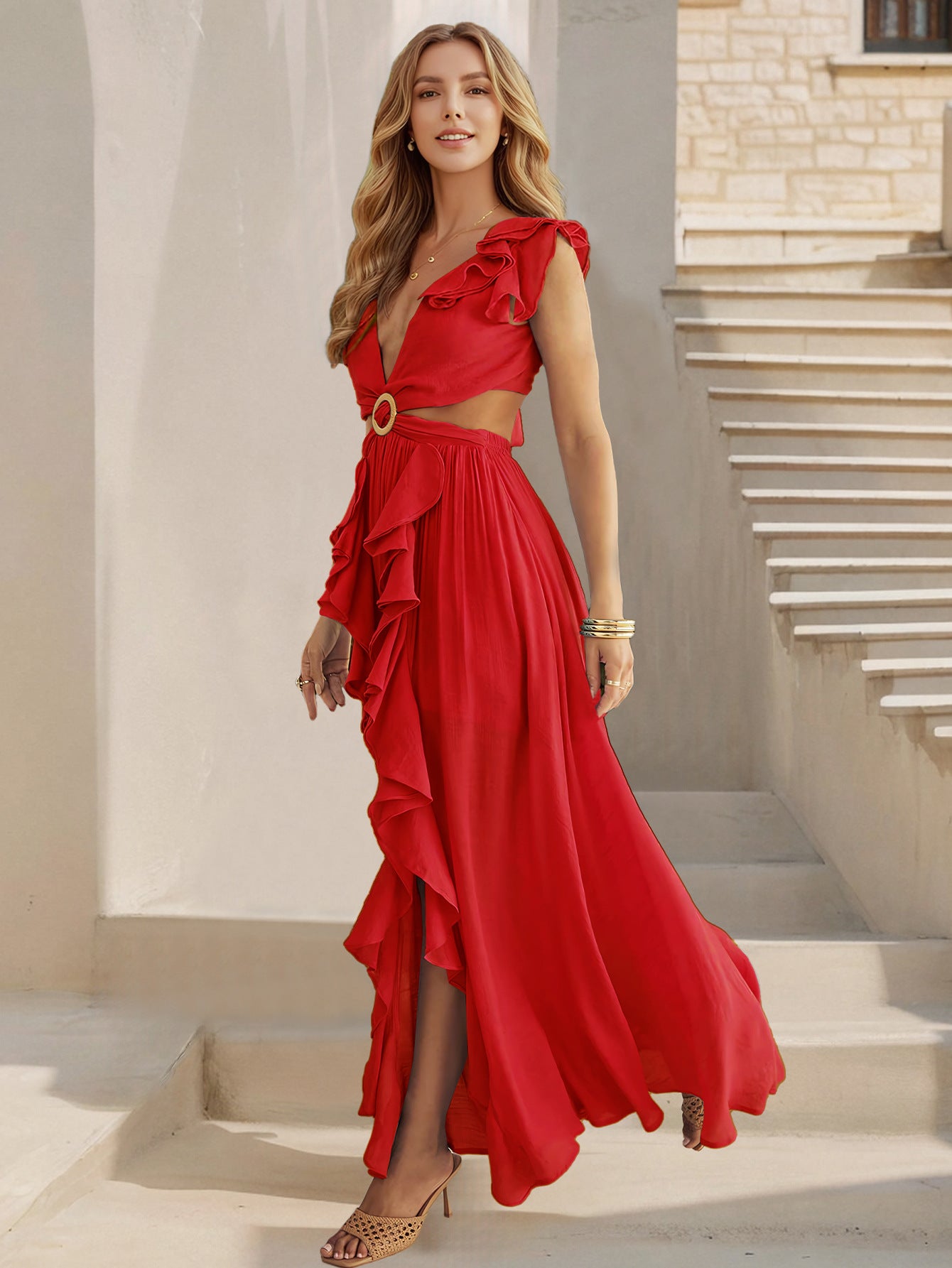 Red Ruffle Cutout Maxi Dress with Front Slit