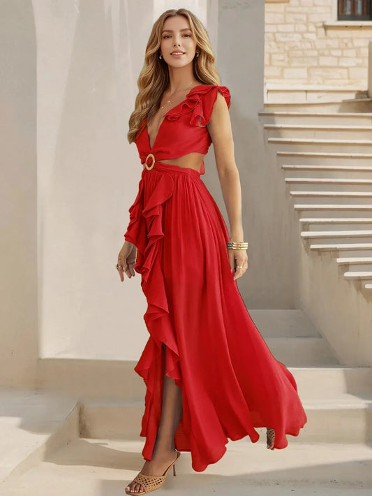 Ruffle Cut Out Maxi Dress Red Front Slit Summer Style
