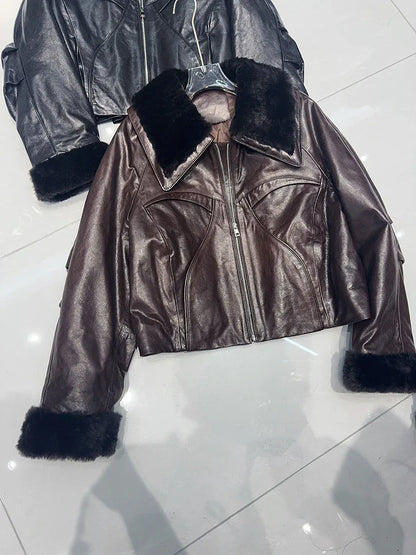 Genuine waxed sheepskin leather jacket with fur