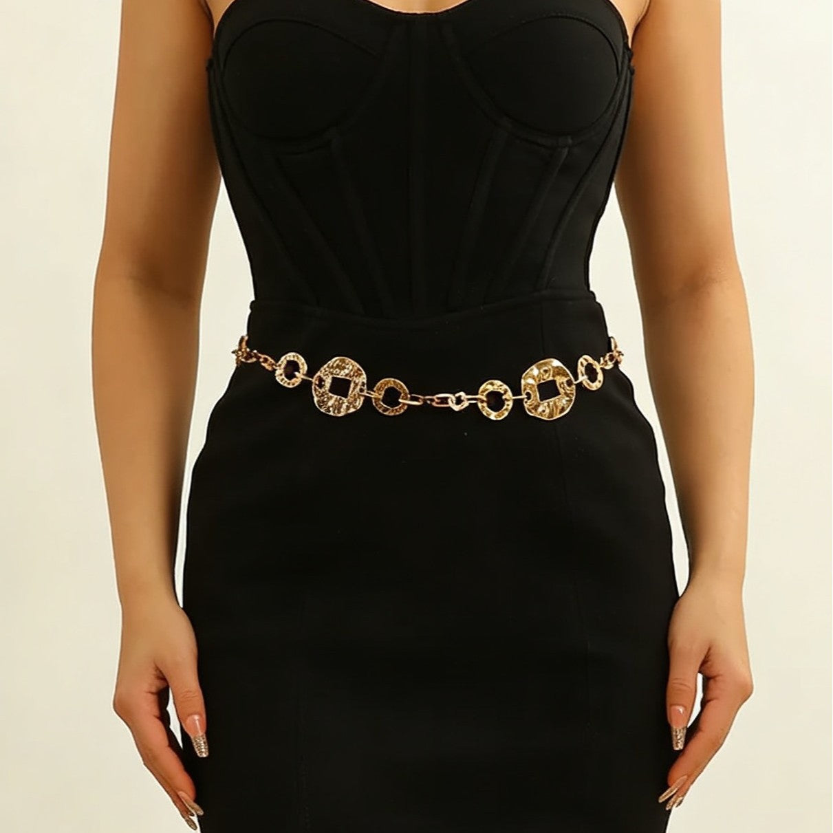 Women’s Gold Circle Waist Chain with Textured Links