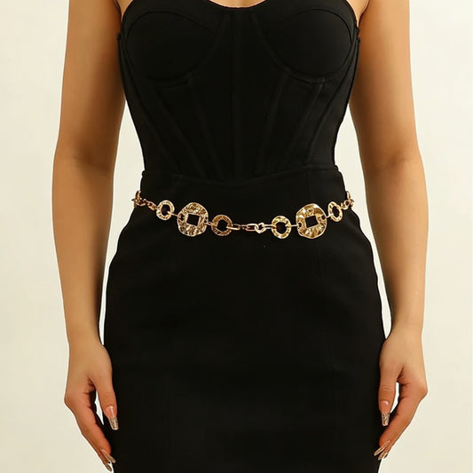 Women’s Gold Circle Waist Chain with Textured Links
