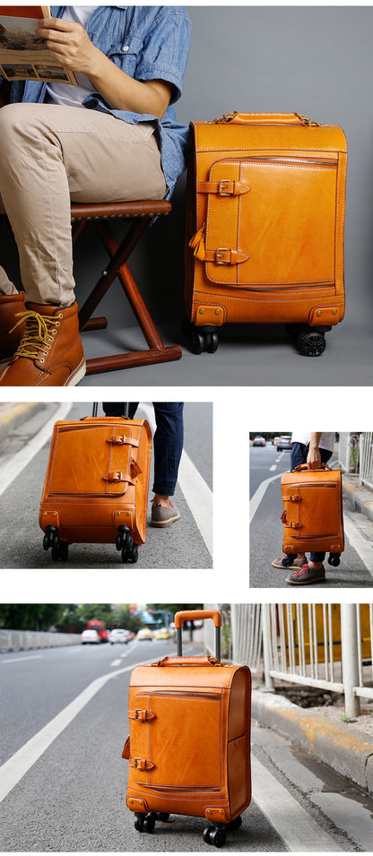 Leather Carry On Suitcase Trolley Case with Spinner Wheels