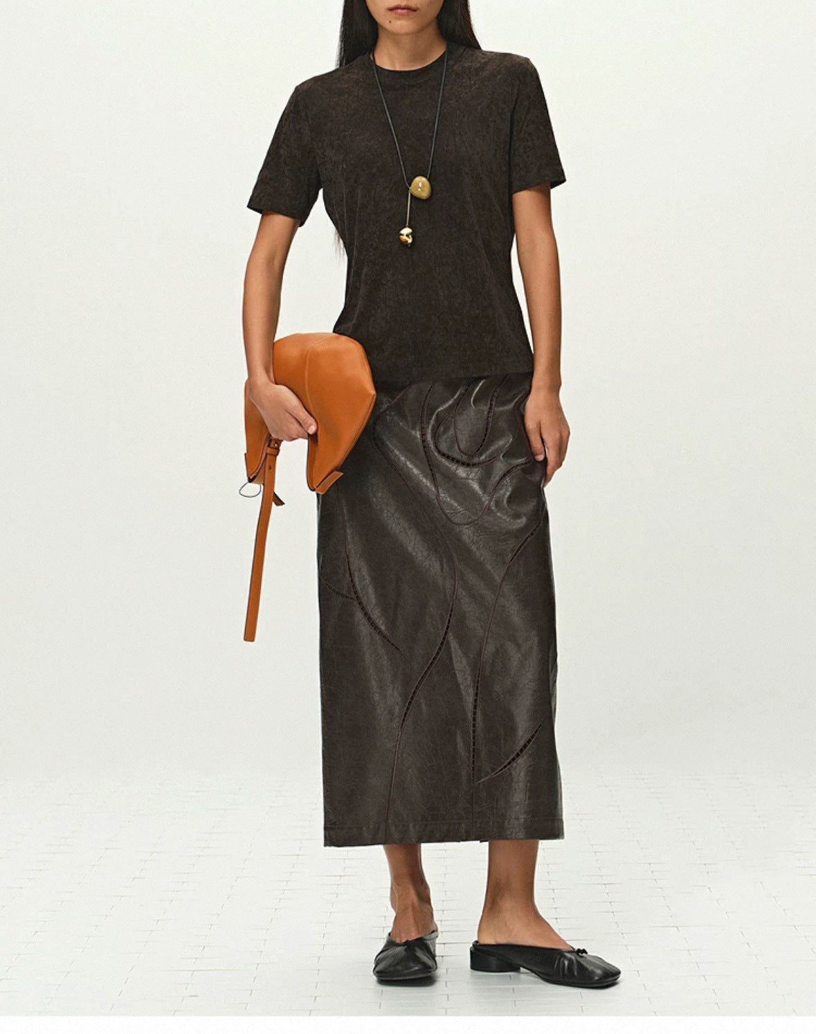 Women’s Leather Maxi Skirt with Embroidered Hollow Detailing