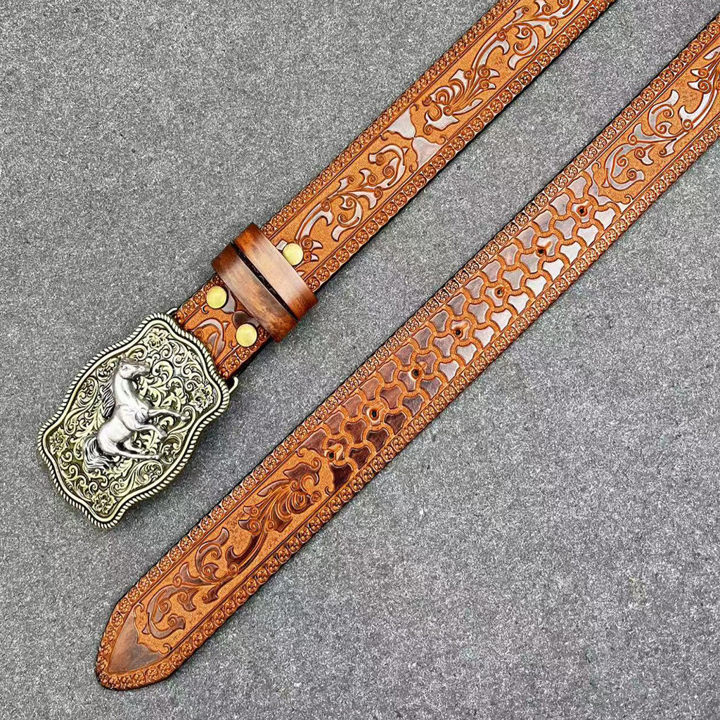 Men’s Western Cowboy Leather Belt with Horse Buckle