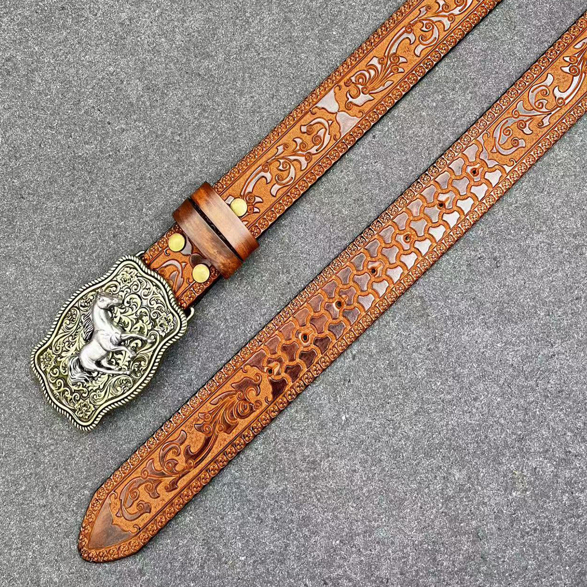Men’s Western Cowboy Leather Belt with Horse Buckle