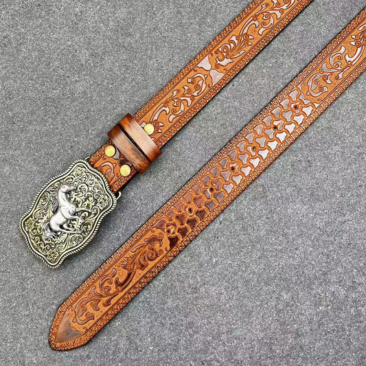 Men’s Western Cowboy Leather Belt with Horse Buckle