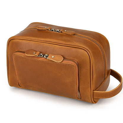 Men’s Genuine Leather Toiletry Bag with Front Zipper Pocket