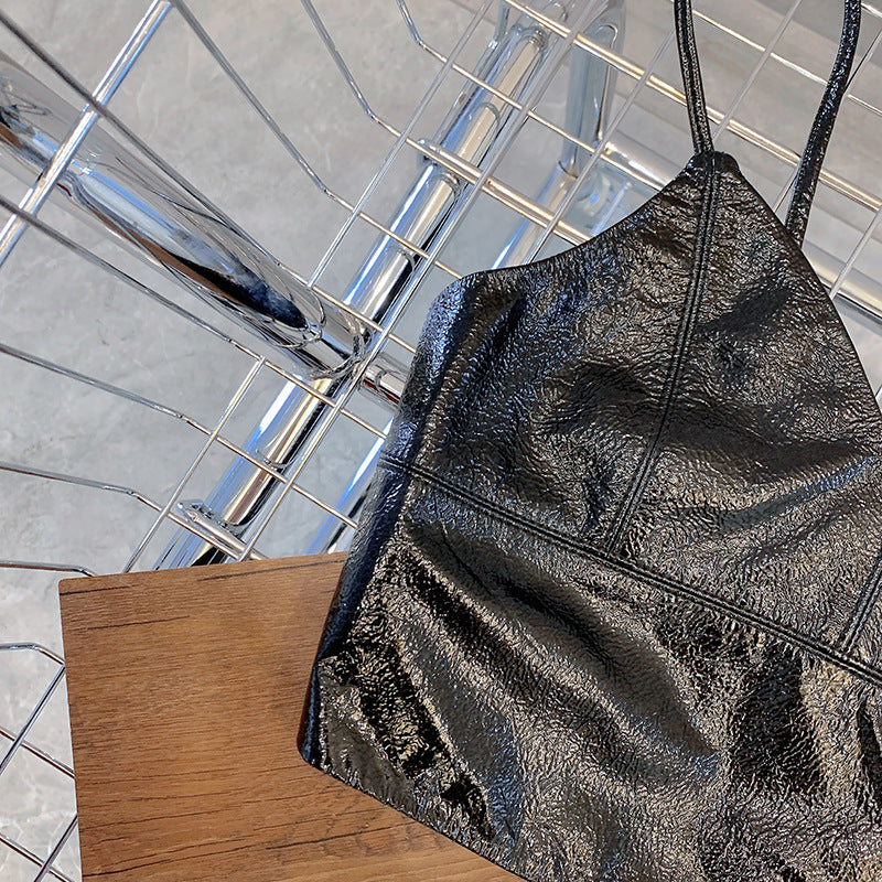 Women Genuine Leather Camisole Top With Zipper Back