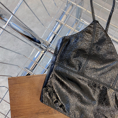 Women Genuine Leather Camisole Top With Zipper Back