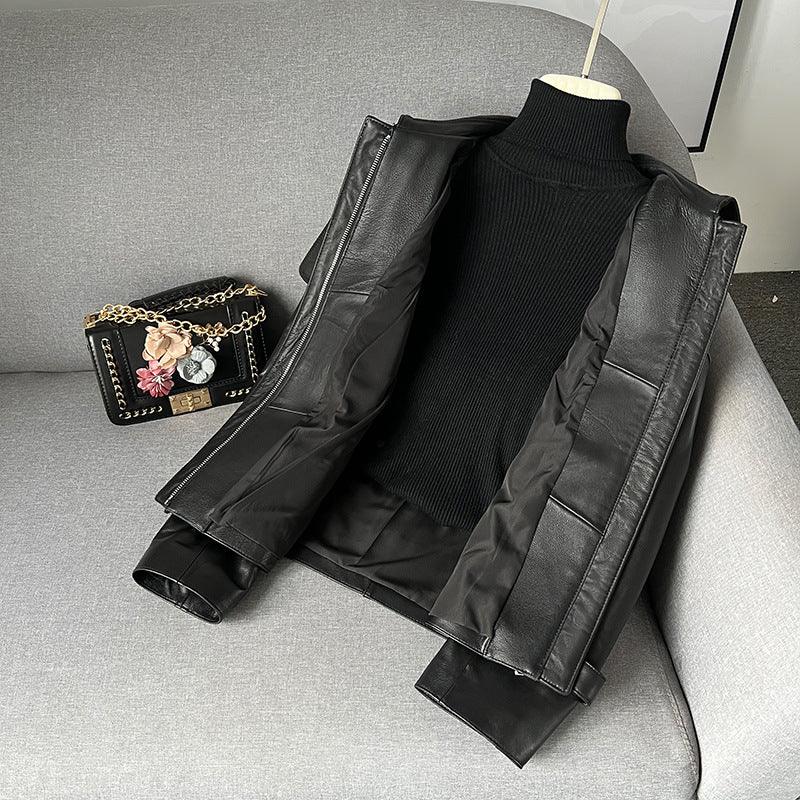 Women black leather jacket with draw string