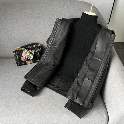 Women black leather jacket with draw string