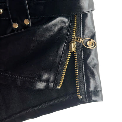Black faux leather shorts with belted low rise fit