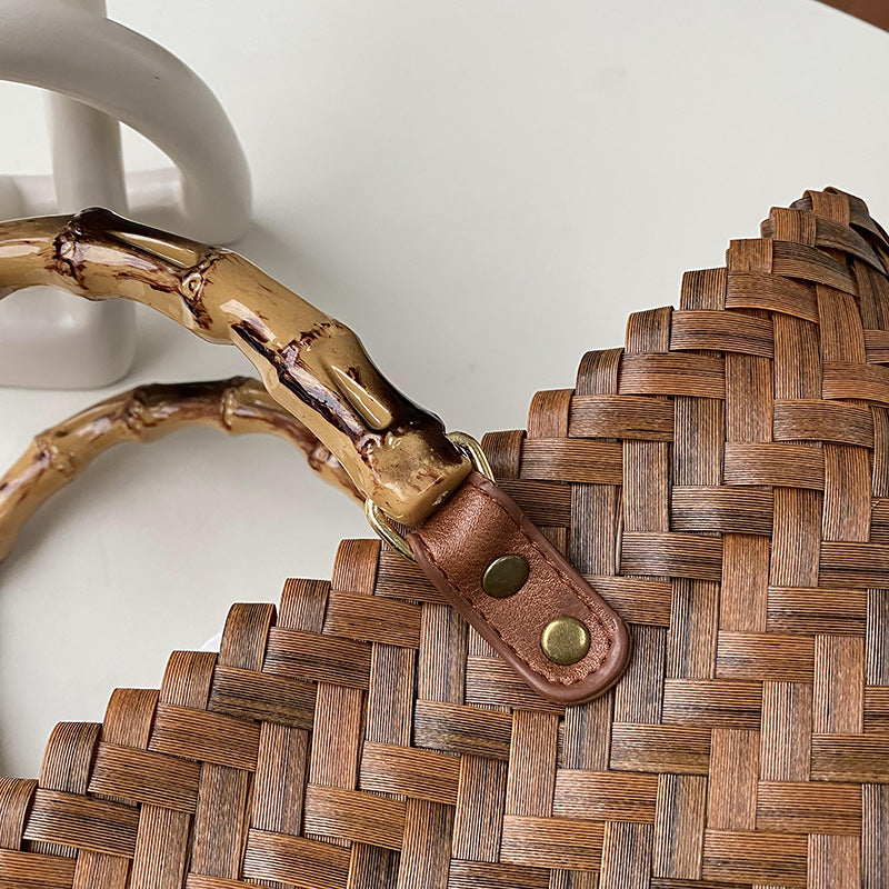 Large Rattan Beach Tote Bag with Bamboo Handles