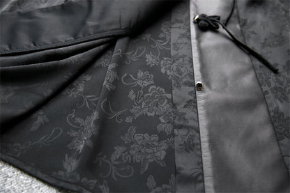 Leather Top for Women with Jacquard Sleeves and Mandarin Collar