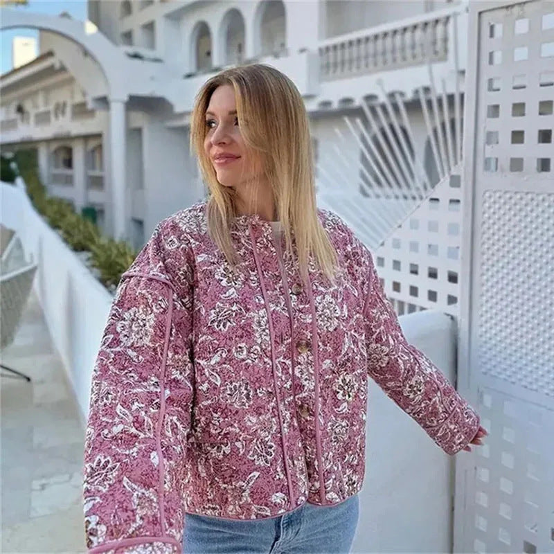 Women Floral Quilted Cotton Jacket Round Neck
