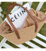 Straw Summer Beach Bag Tote with Leather Handles