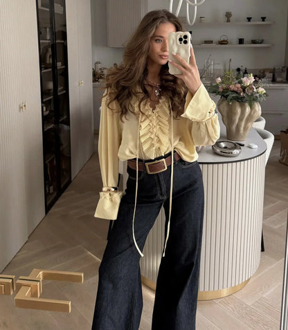 Ruffled lace collar chiffon blouse top