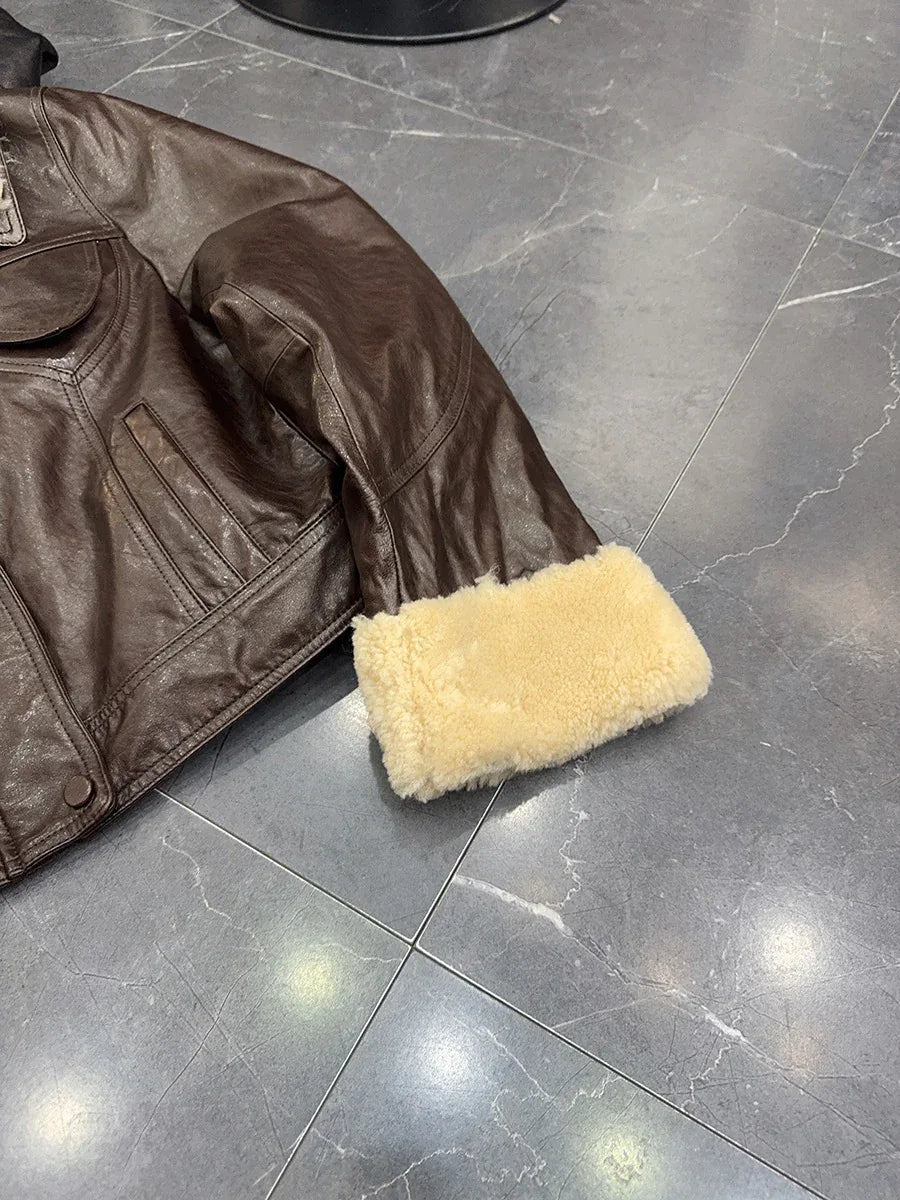 Womens waxed leather down aviator bomber jacket